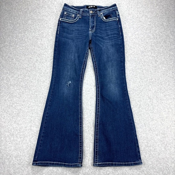 Sky Jeans Denim - Sky Jeans Women 8 Blue Denim Stretch Angel Wings Rhinestone Whiskering Flare Leg